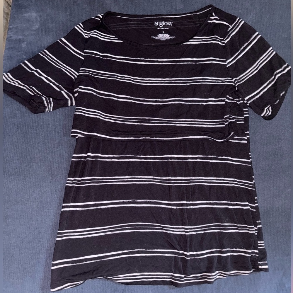 a:glow Women's Black and White Striped Tee Nursing Maternity Rayon
